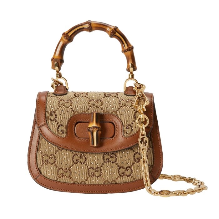 Gucci Bamboo 1947 Crystals Mini Bag, light beige with crystal embellishment and bamboo handle