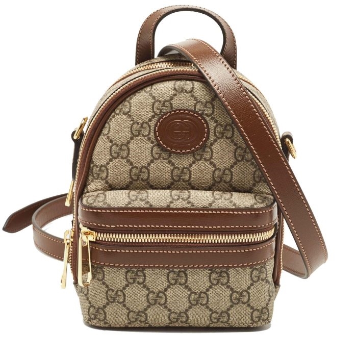 Gucci GG Supreme Shoulder Bag front view in beige/ebony with brown leather trim